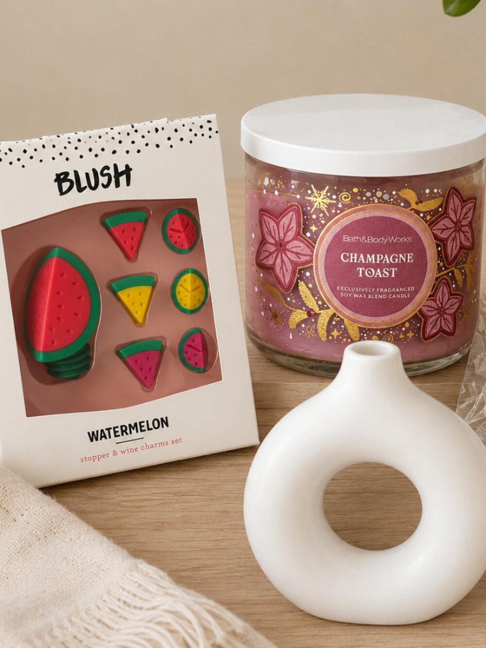Home Decor & Gift Bundle | Bath & Body Works Candle, Modern Vase, Wine Charms